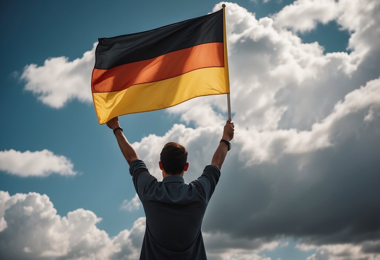 A person holding a German flag while surrounded by clouds of copium gas