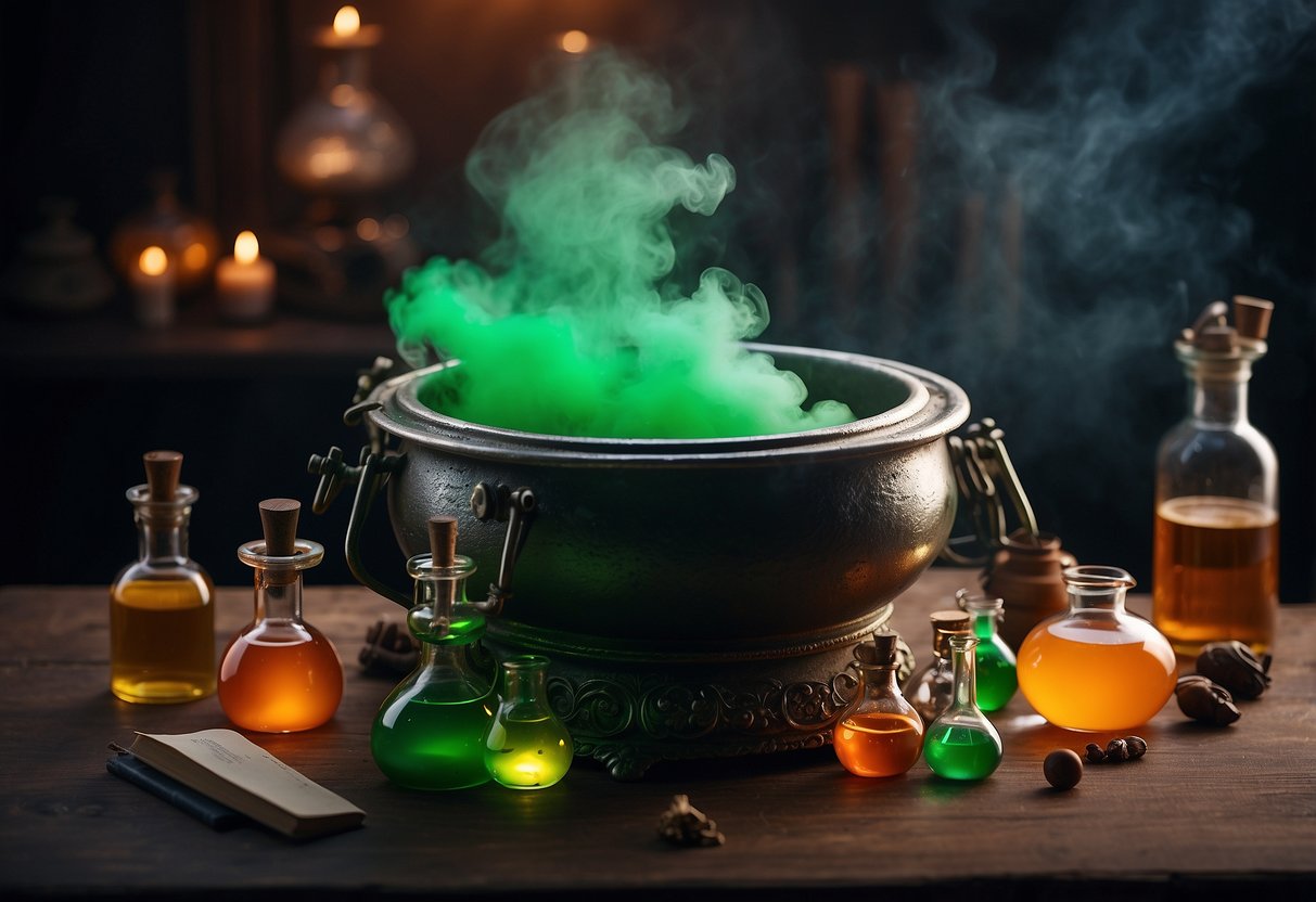 A bubbling cauldron emits a green glow, surrounded by vials of colorful liquid and smoking test tubes. A book with the title "Copium" sits open on a table, with mysterious symbols and diagrams