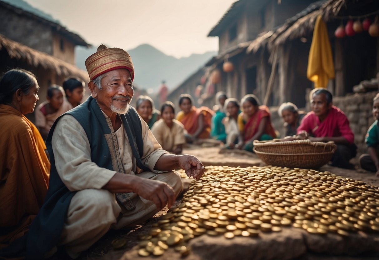 A village chief eagerly awaits the arrival of the coin master, surrounded by eager villagers and bustling activity