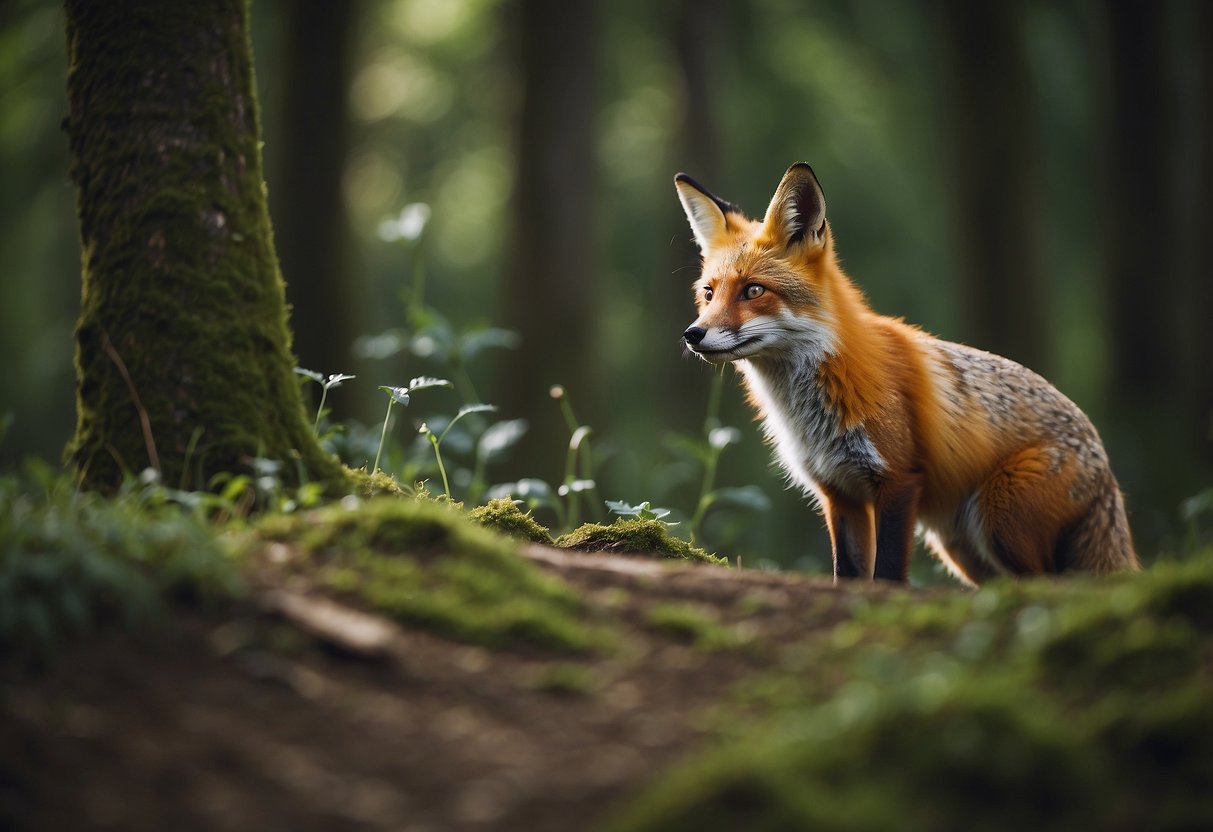 A mischievous fox teases a perplexed rabbit in a lush, green forest clearing