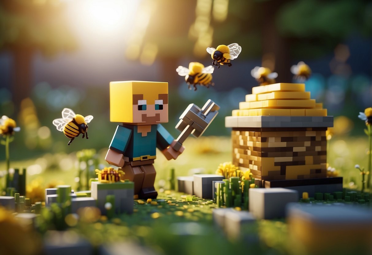 A character dismantles a beehive in Minecraft, using a tool to carefully remove each block while bees buzz around