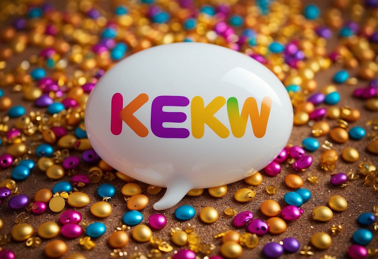 A speech bubble with "KEKW" in bold letters, surrounded by laughing emojis and colorful confetti