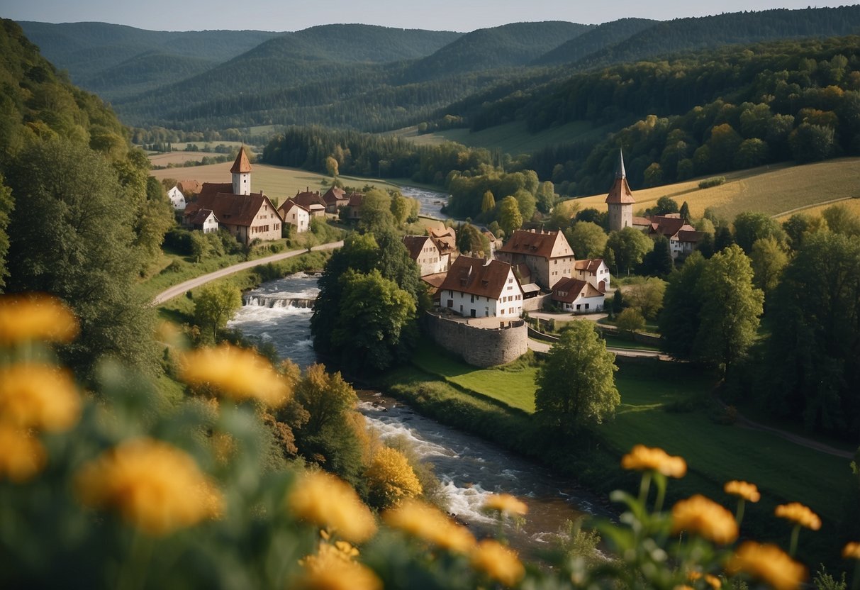 A colorful village with a central castle, surrounded by fields and forests. A river flows through the village, and a large spinning wheel stands at the entrance