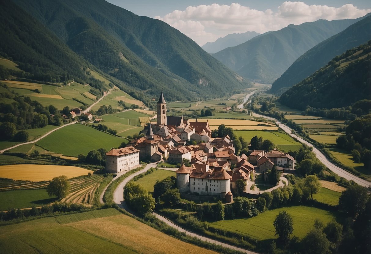 A village surrounded by mountains with a central castle, fields, and winding roads. Various buildings and a river flowing through the village