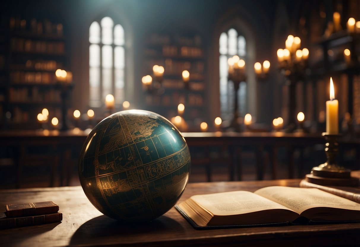 A magical classroom with floating numbers and symbols, glowing orbs, and ancient tomes, set in the Hogwarts Legacy Arithmancy class