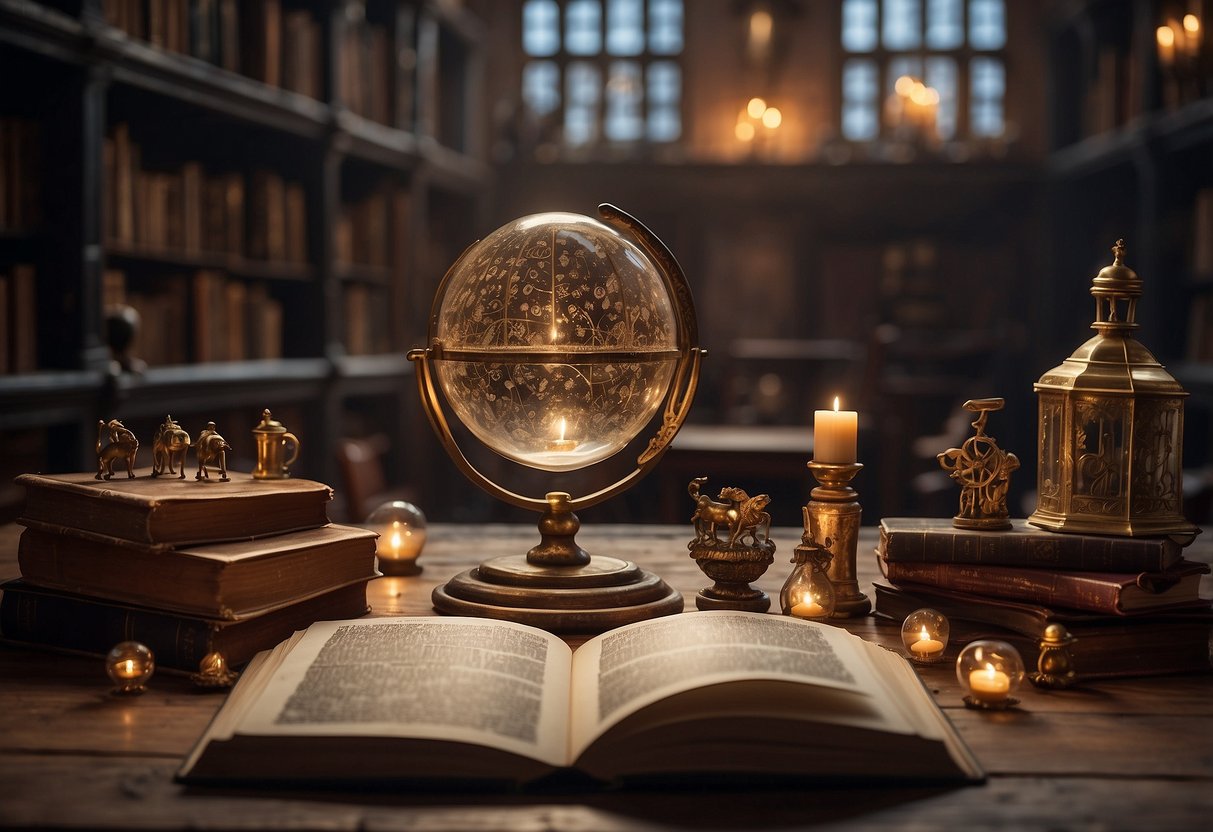 A magical classroom with floating numbers and symbols, surrounded by ancient books and enchanted objects. A mysterious puzzle waits to be solved