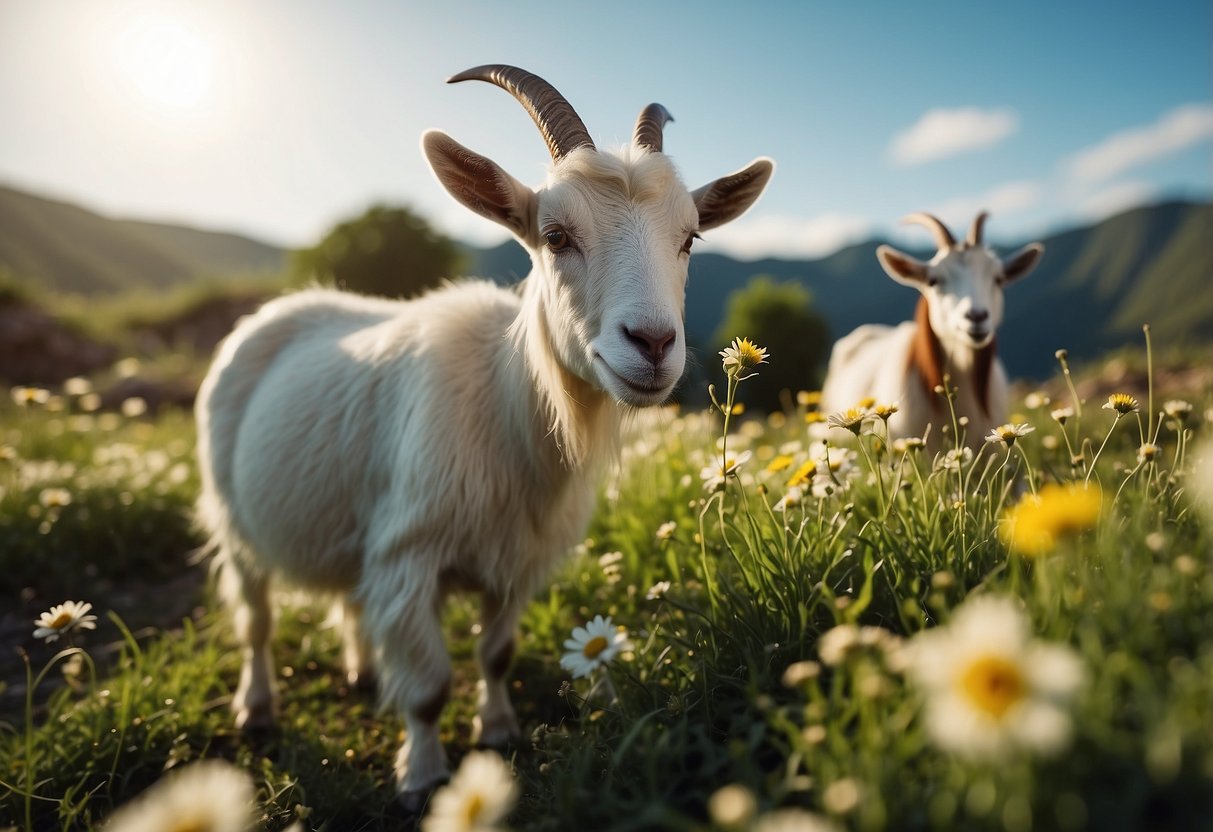 Goats eating grass and flowers in a Minecraft field