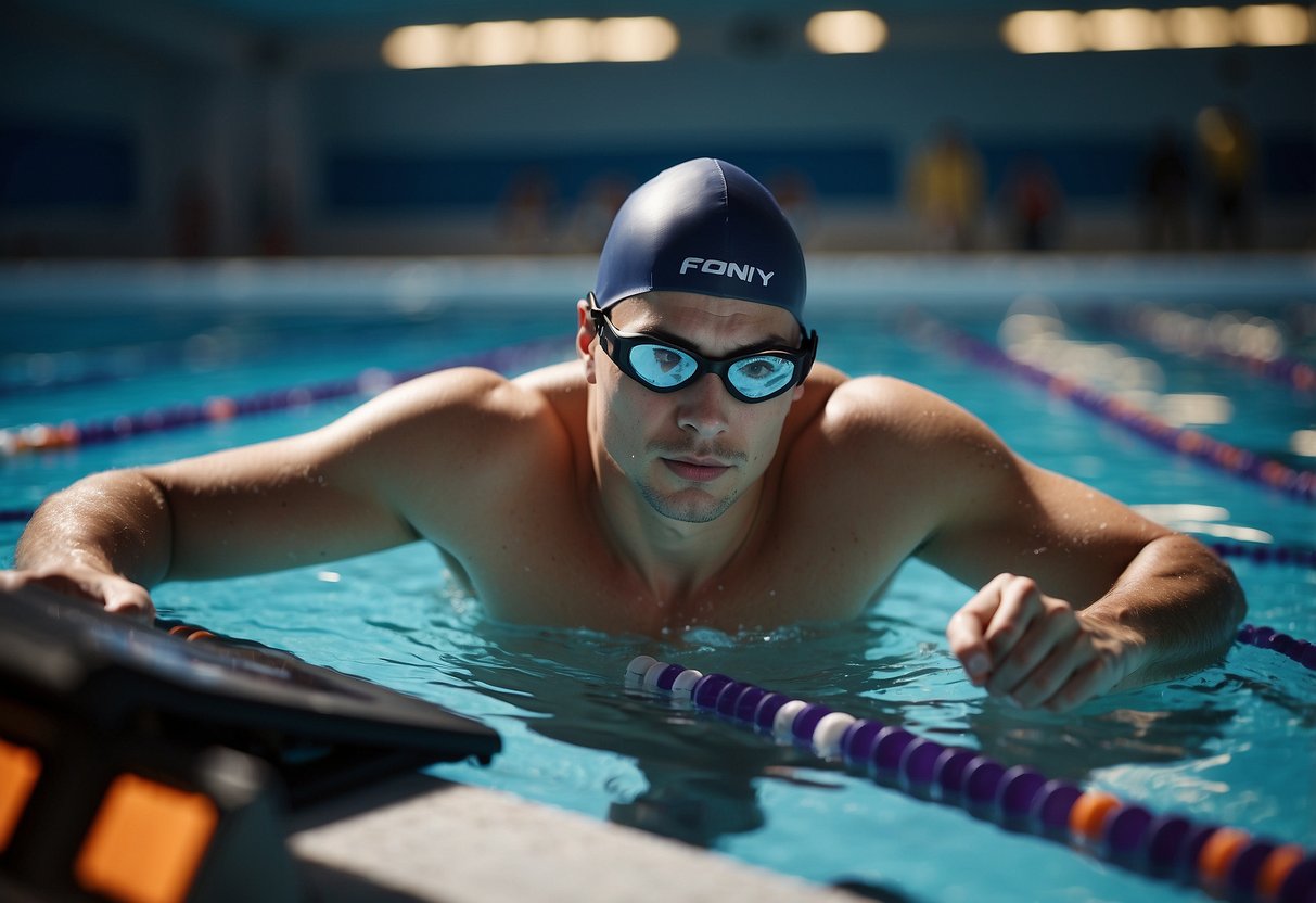 A swimmer calculating pace in a pool, surrounded by digital devices and equipment