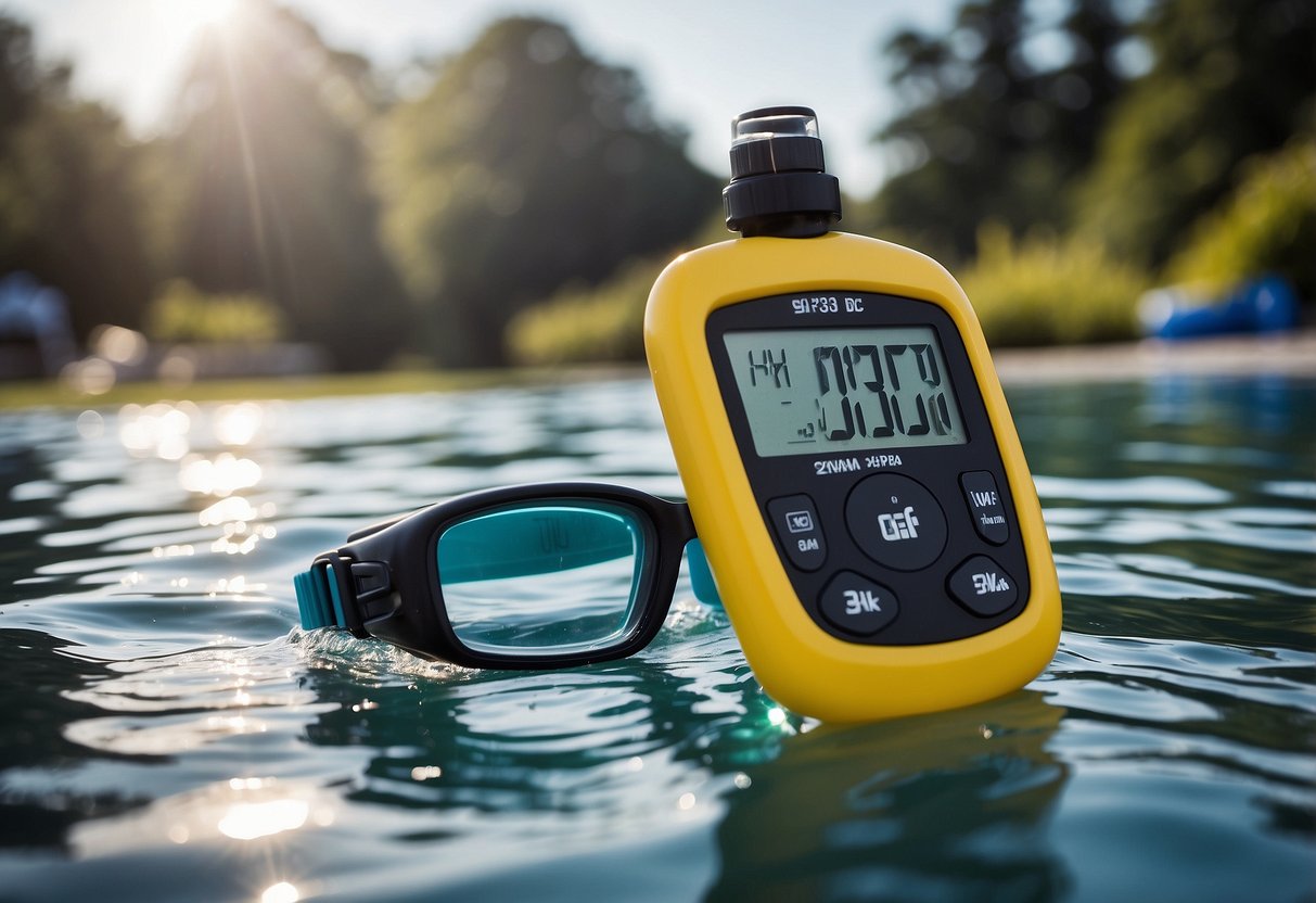 A swim pace calculator with digital display and water-resistant design, surrounded by swim goggles, a stopwatch, and a water bottle