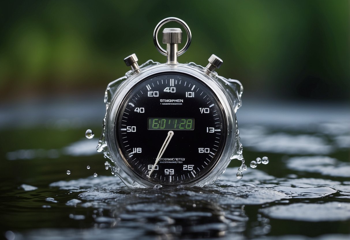 A digital stopwatch displays "wettkampfzeiten rechner" with water droplets on its surface