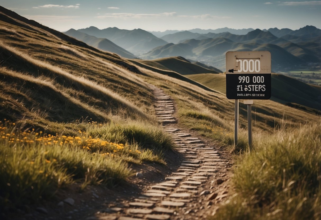 A path winding through a scenic landscape, with a sign reading "19000 steps in km" at the start