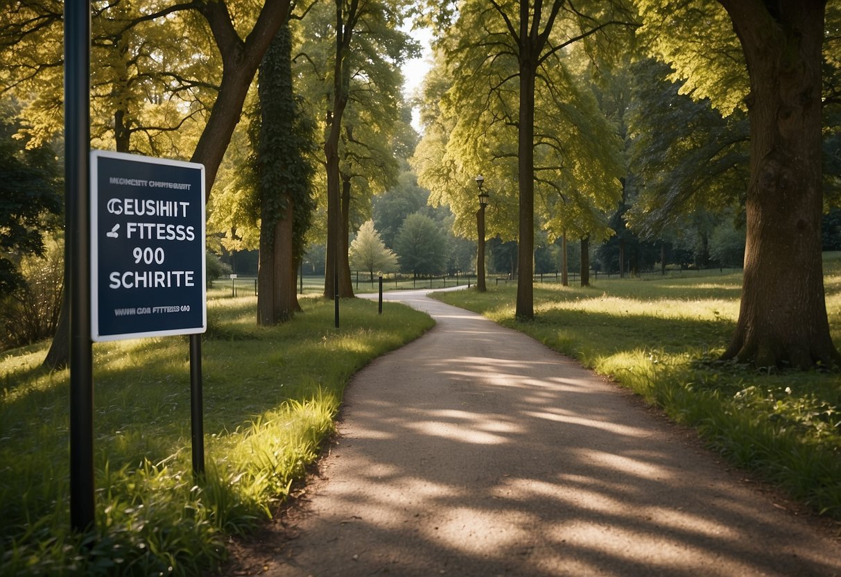 A path winding through a vibrant park, with a sign displaying "Gesundheit und Fitness 19000 schritte in km" in bold lettering