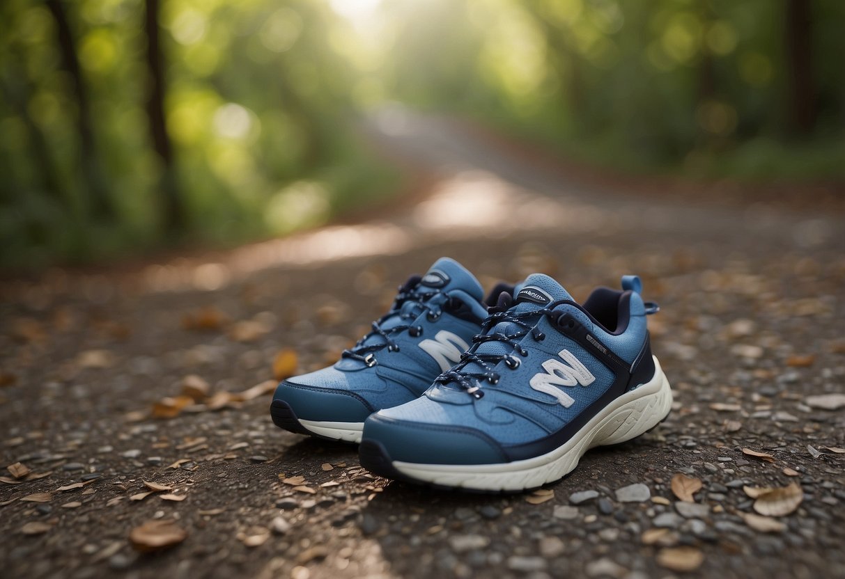 A pair of sneakers walking along a winding path, with a distance sign reading "25.000 steps in km" in the background