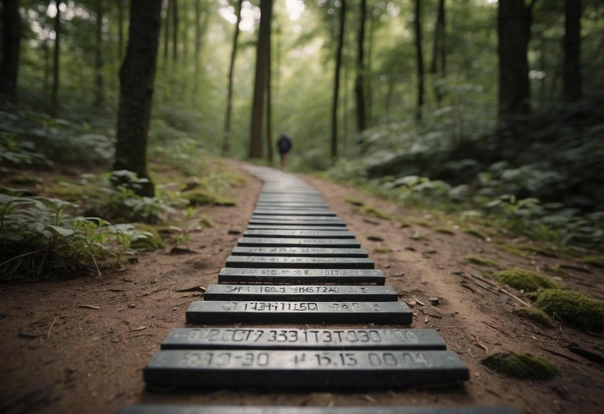 25,000 steps being converted to kilometers, with a calculator showing the conversion formula and a trail of footsteps leading to a distance marker