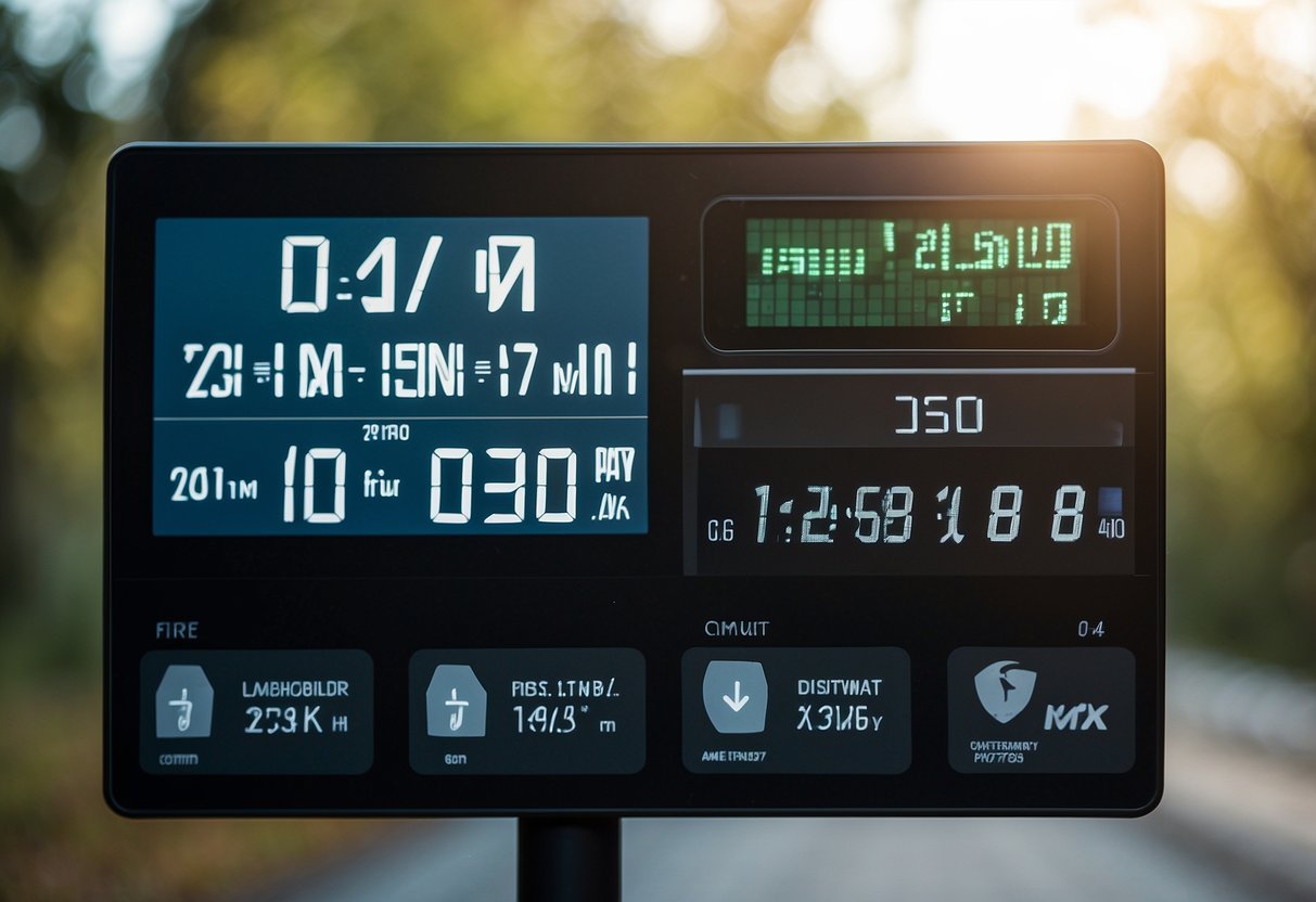 A digital screen displays a 10 km pace calculator with a running shoe icon