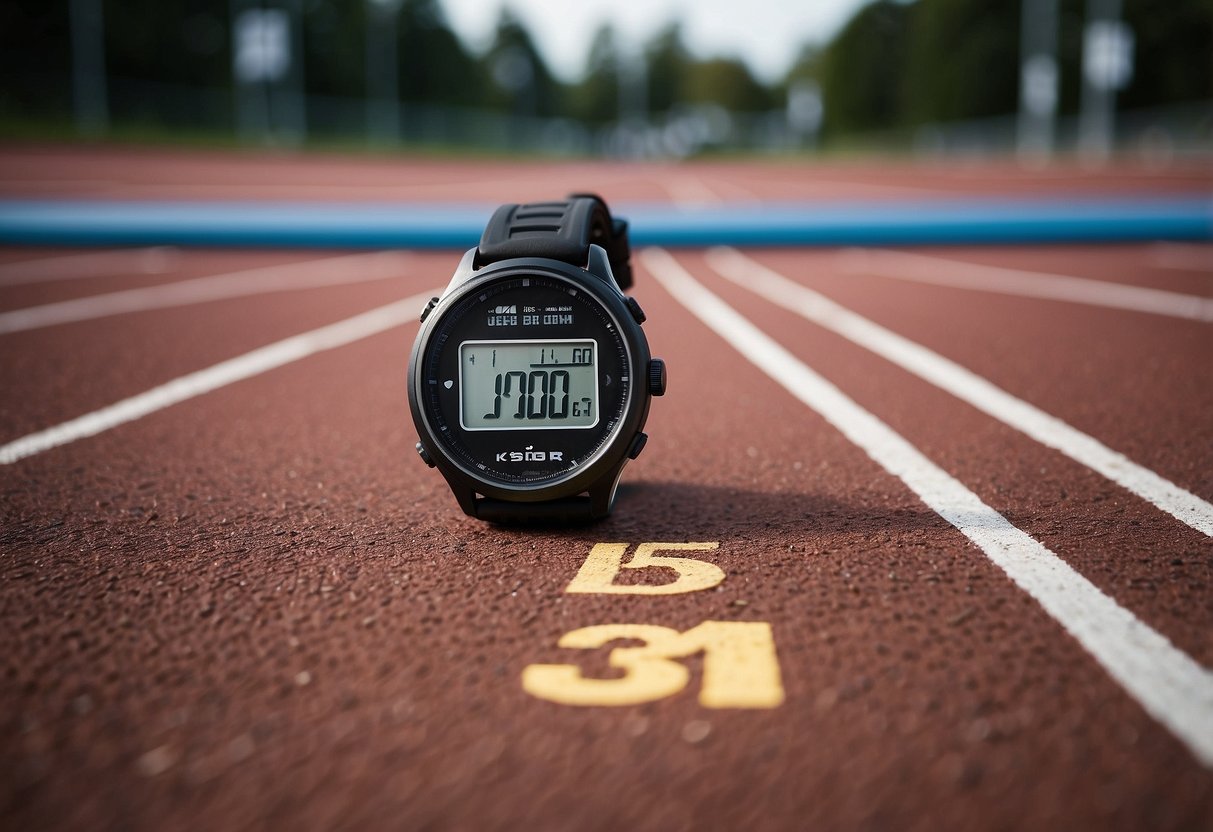 A running track with distance markers every kilometer, a digital stopwatch displaying the time, and a runner's wristwatch showing the pace in minutes per kilometer