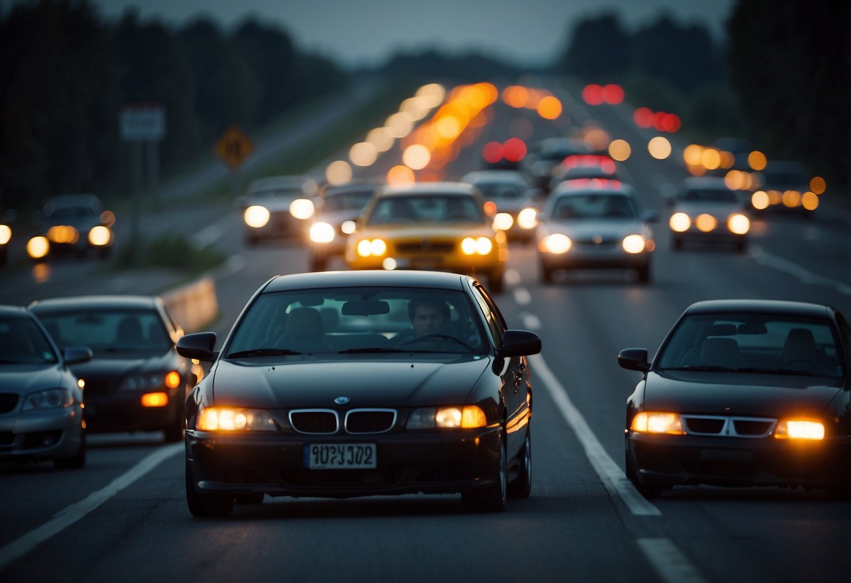 Vehicles speeding on a highway, with speed limit signs and distance markers visible