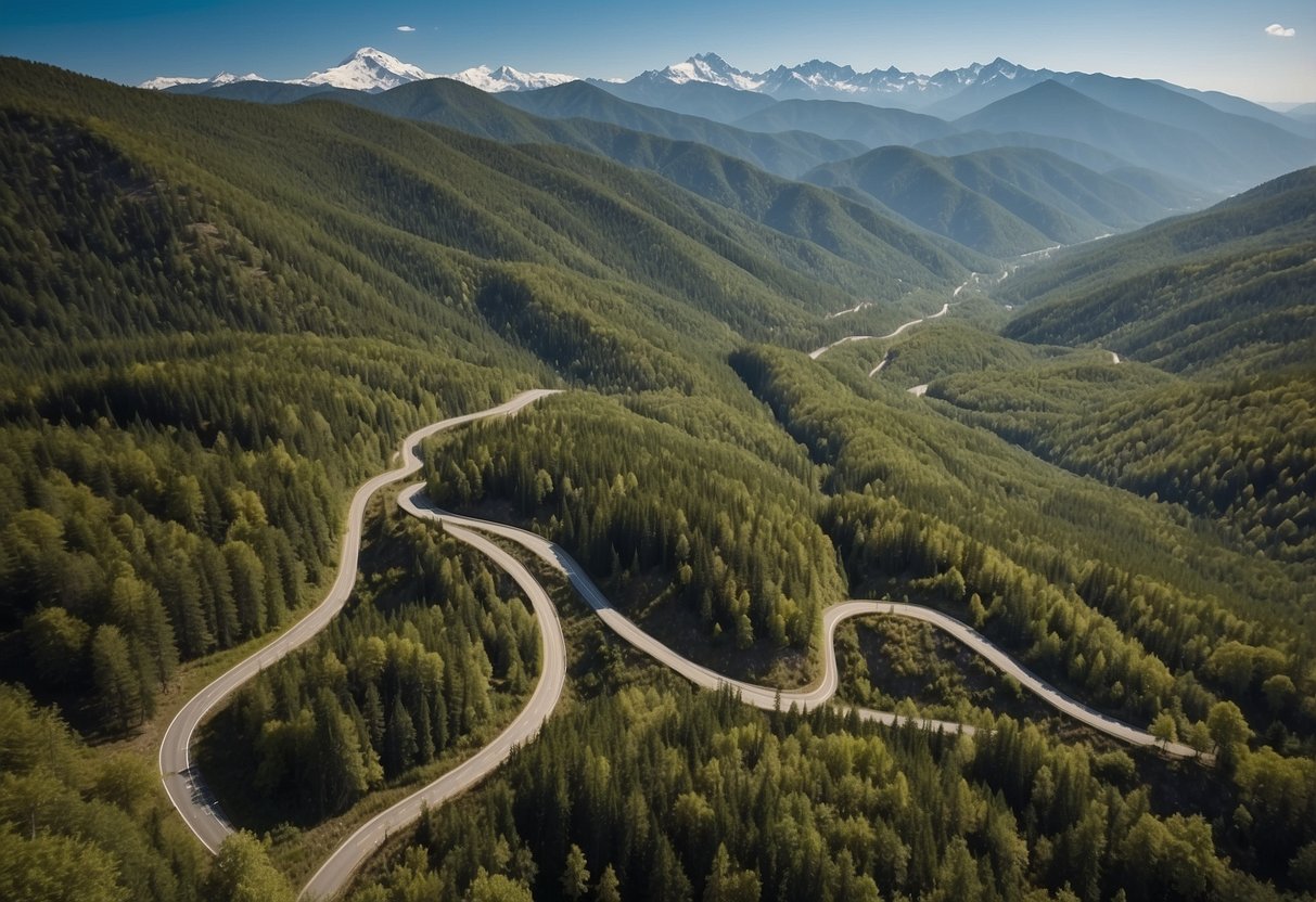 A map of winding roads through a forest, with mountains in the distance and a clear blue sky above