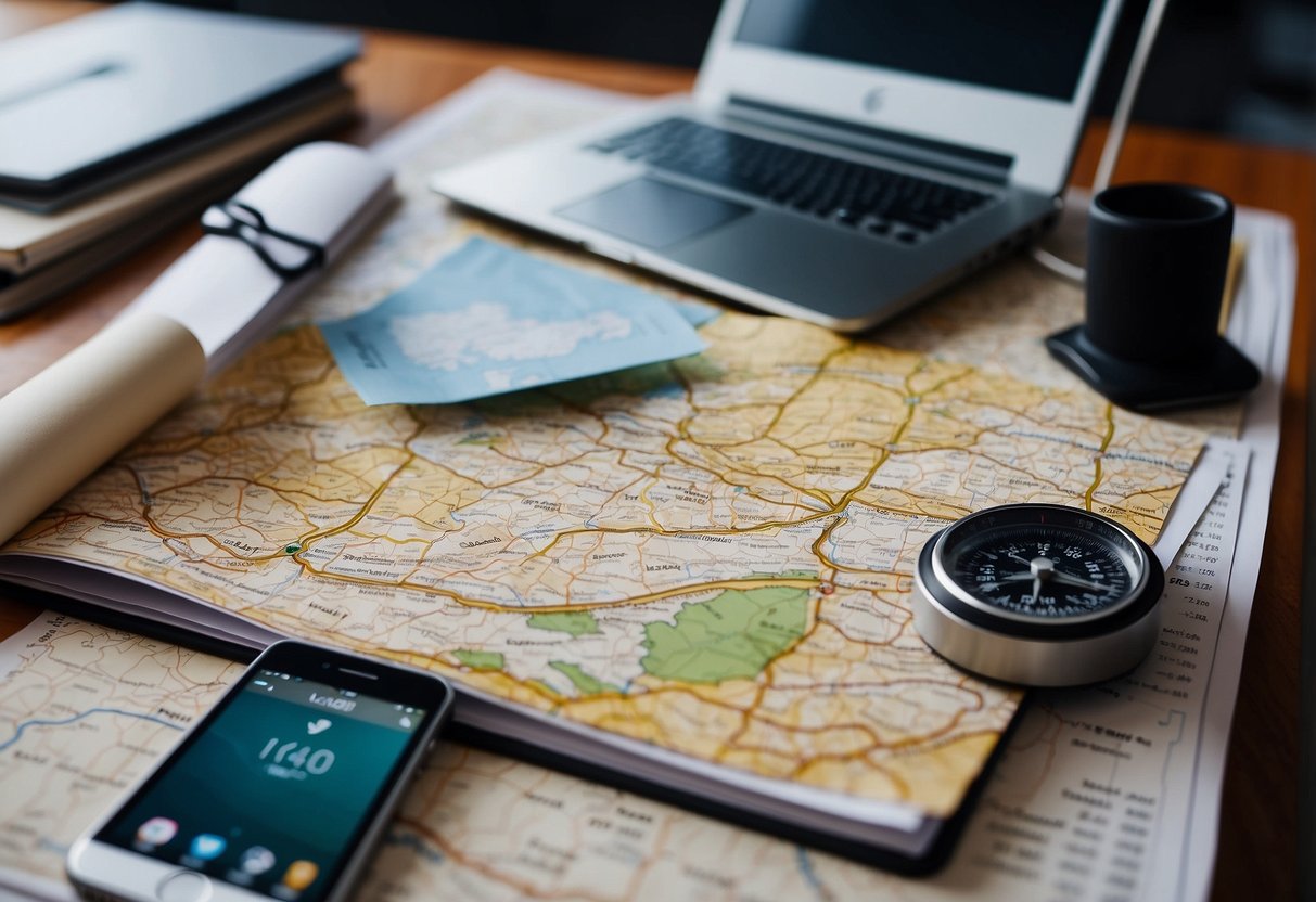 A map, compass, and GPS device lay on a table, surrounded by notebooks and pens. A computer screen displays a digital map with a highlighted route