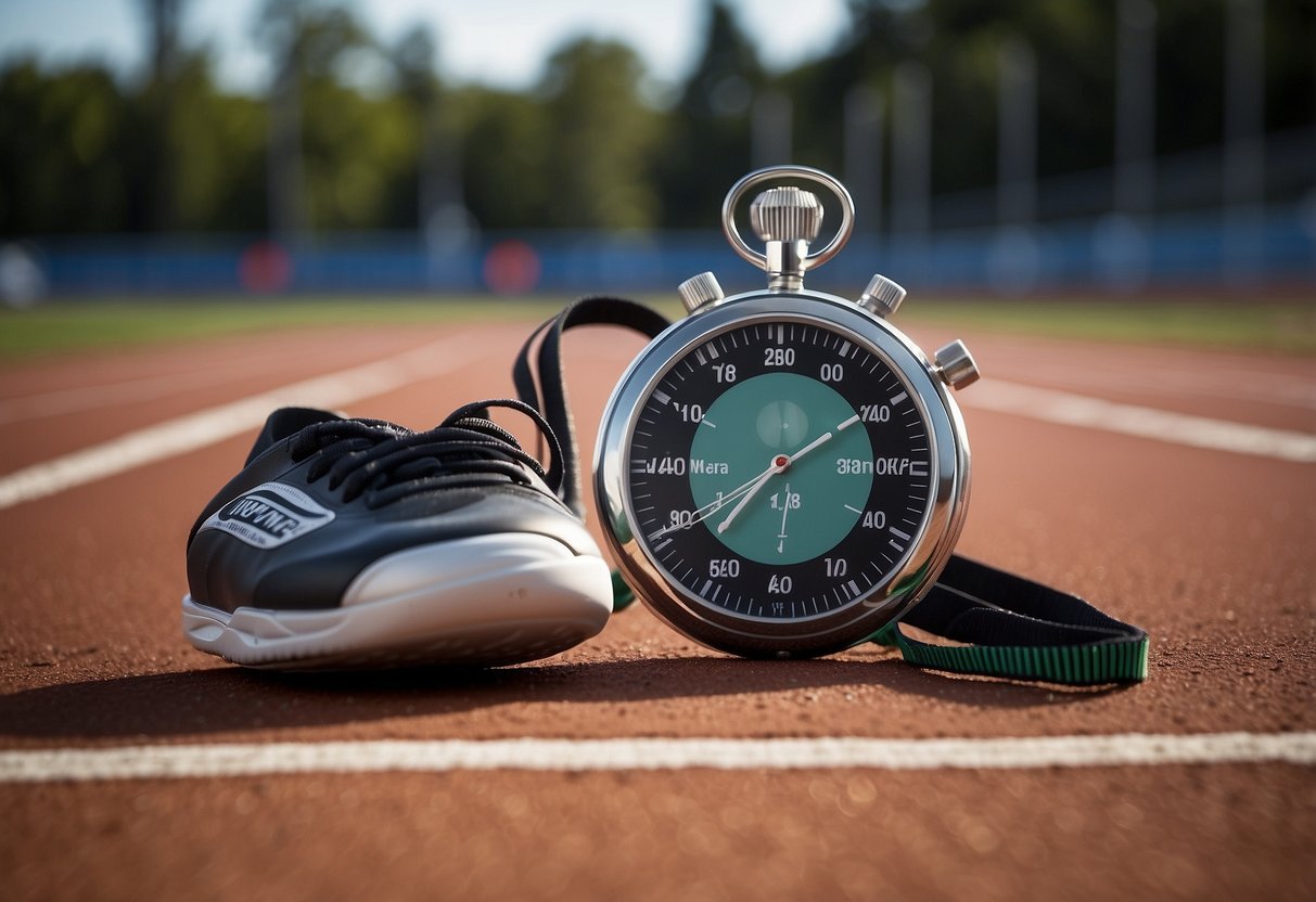 A stopwatch and running shoes on a track, with a graph showing projected race times