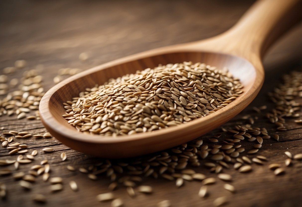 A pile of flax or psyllium seeds scattered on a wooden surface