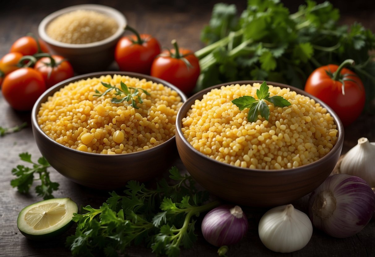 A bowl of bulgur and couscous side by side, with fresh vegetables and herbs scattered around them