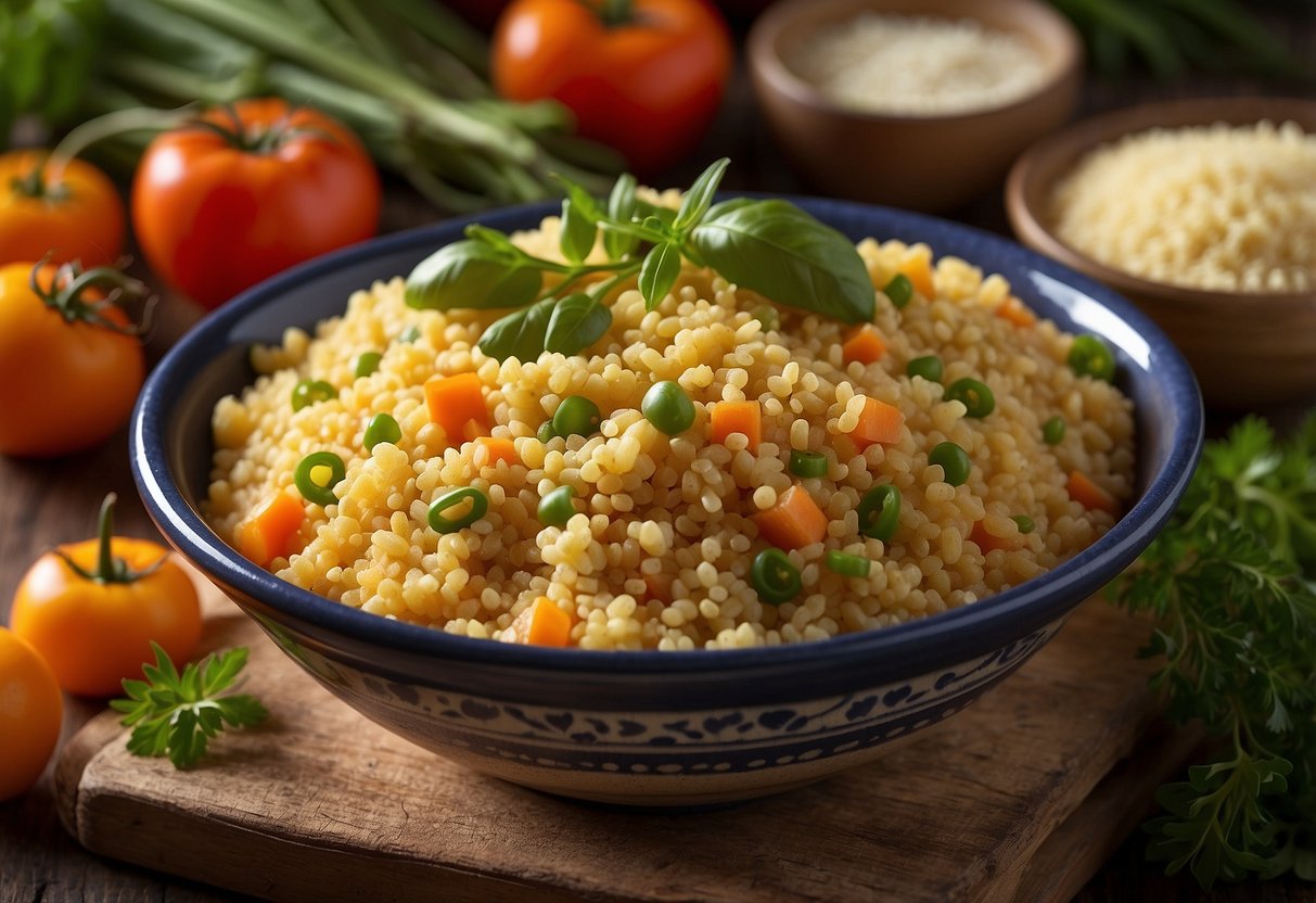 A bowl of bulgur and couscous with fresh vegetables and herbs, surrounded by cooking utensils and a recipe book