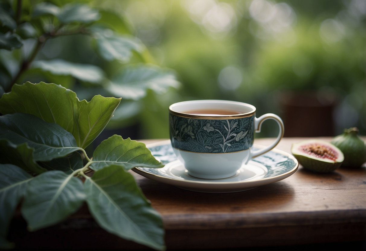 A serene garden with fig leaves, a steaming cup of tea, and a feeling of calm and relaxation