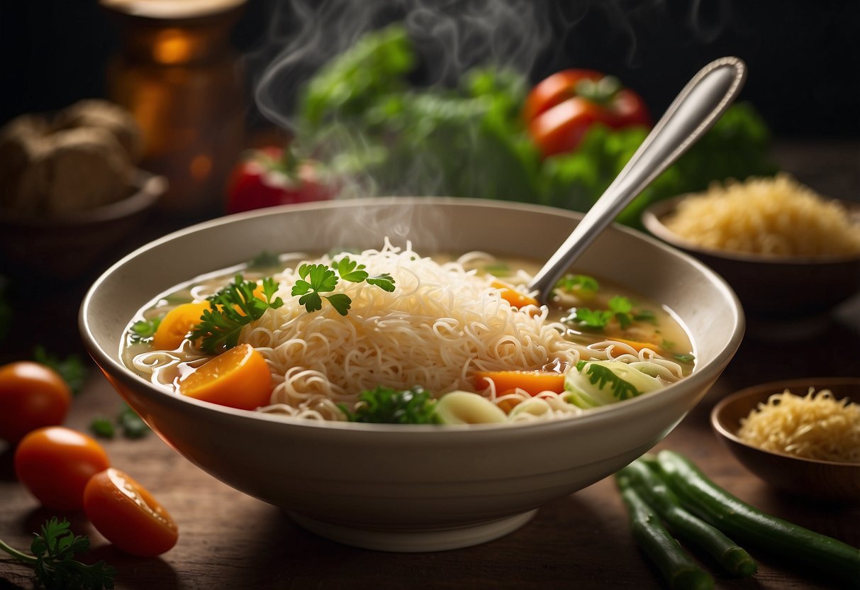 A bowl of bihun suppe surrounded by fresh vegetables and a spoon, with a light steam rising from the hot soup