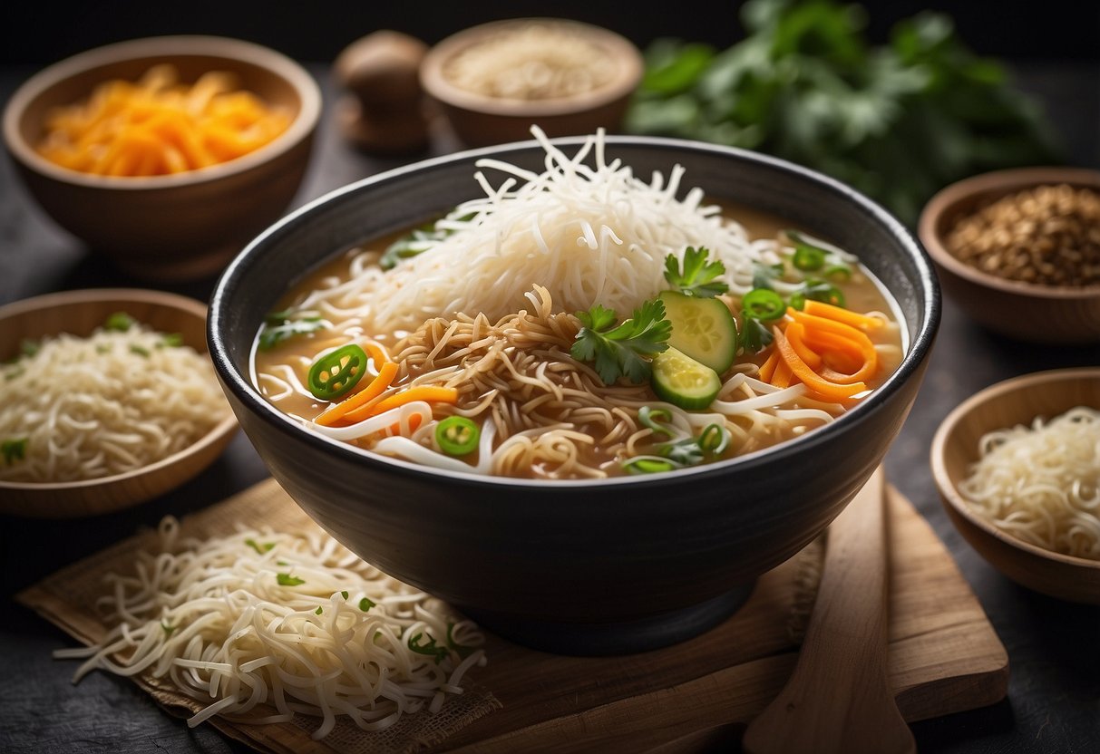 A bowl of bihun soup surrounded by ingredients and nutritional information, emphasizing its suitability for weight loss