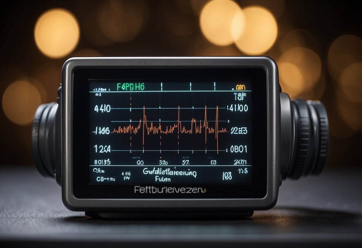 A heart rate monitor displaying a pulsing frequency and the words "Grundlagen der Fettverbrennung und Pulsfrequenz puls fettverbrennung 40 jahre" on a digital screen