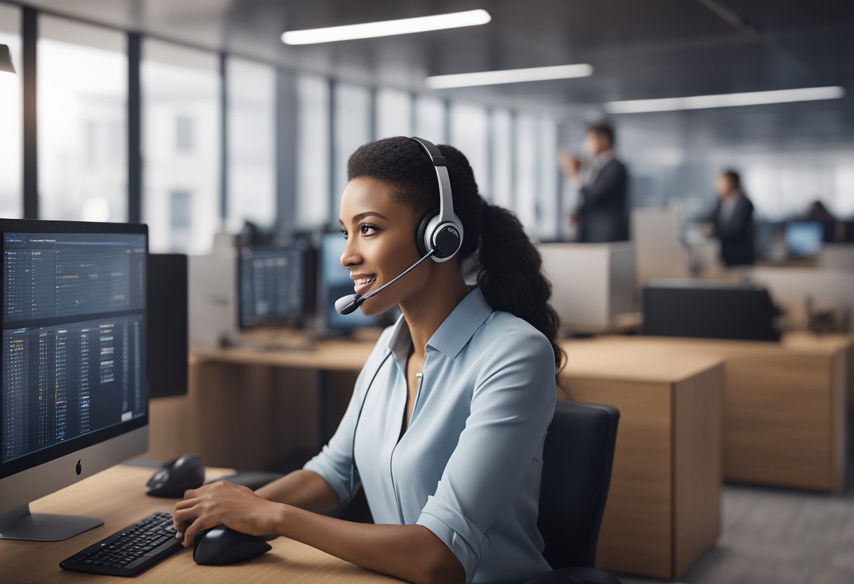 A call center agent seamlessly accesses customer data through integrated CRM software while assisting a client on the phone