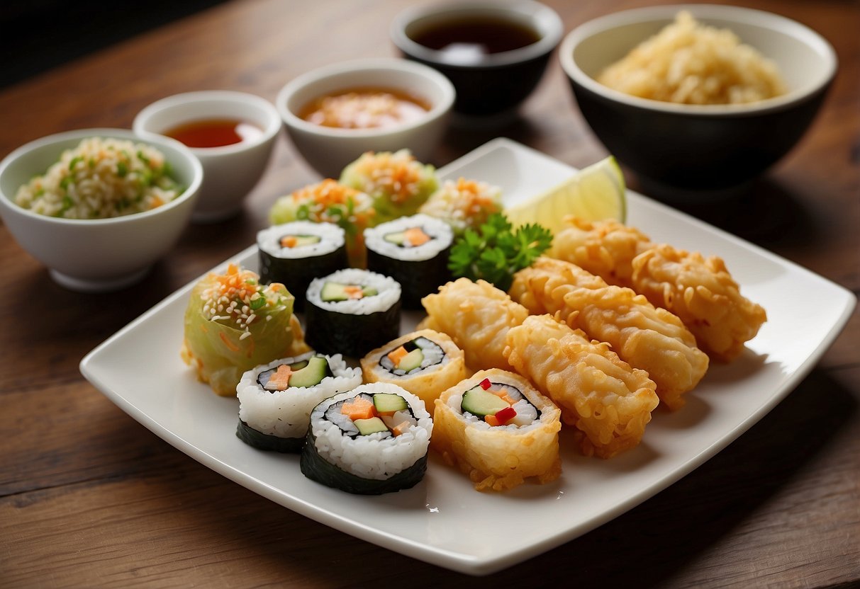 A plate of tempura sushi, with crispy batter and various fillings, sits on a wooden table. The sushi is arranged neatly, with a side of soy sauce and wasabi