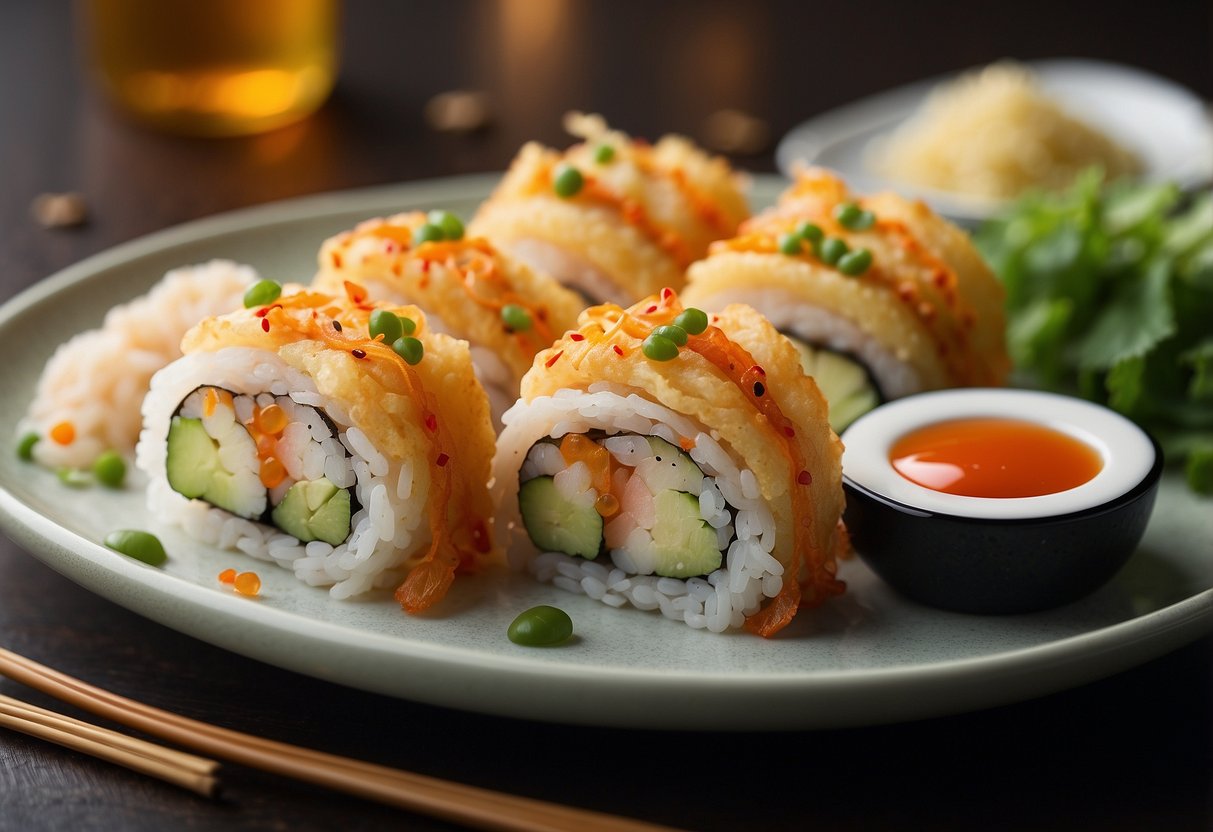 A plate of tempura sushi with nutritional information displayed