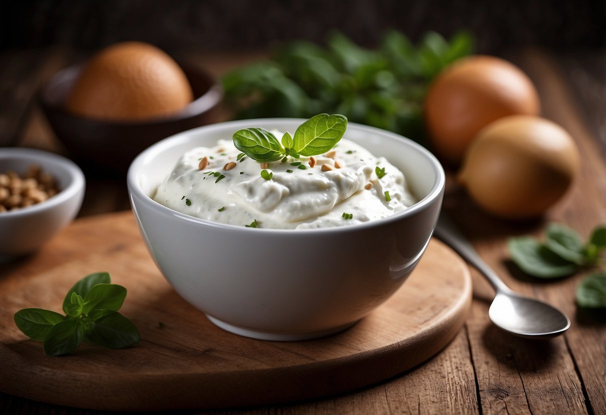 A bowl of vegan low-fat quark on a wooden table with a spoon beside it