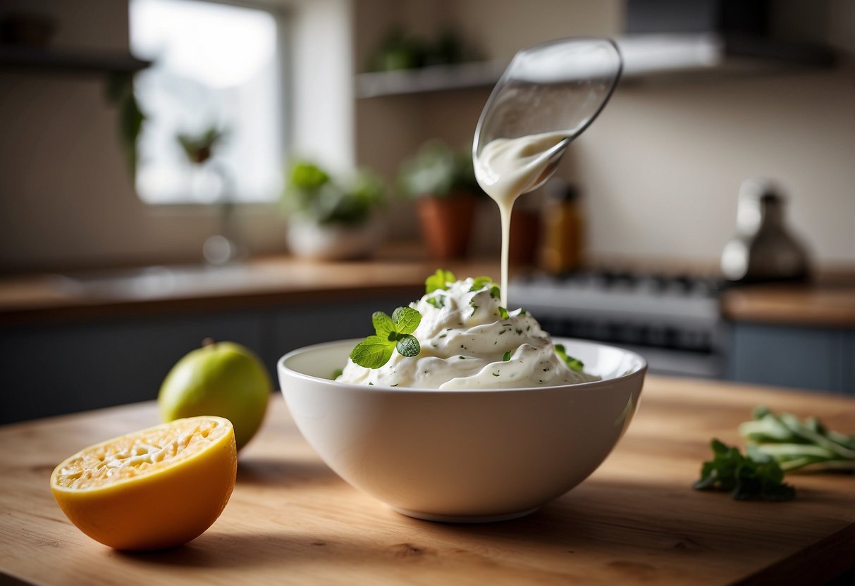 A bowl of vegan low-fat quark being used in a kitchen setting