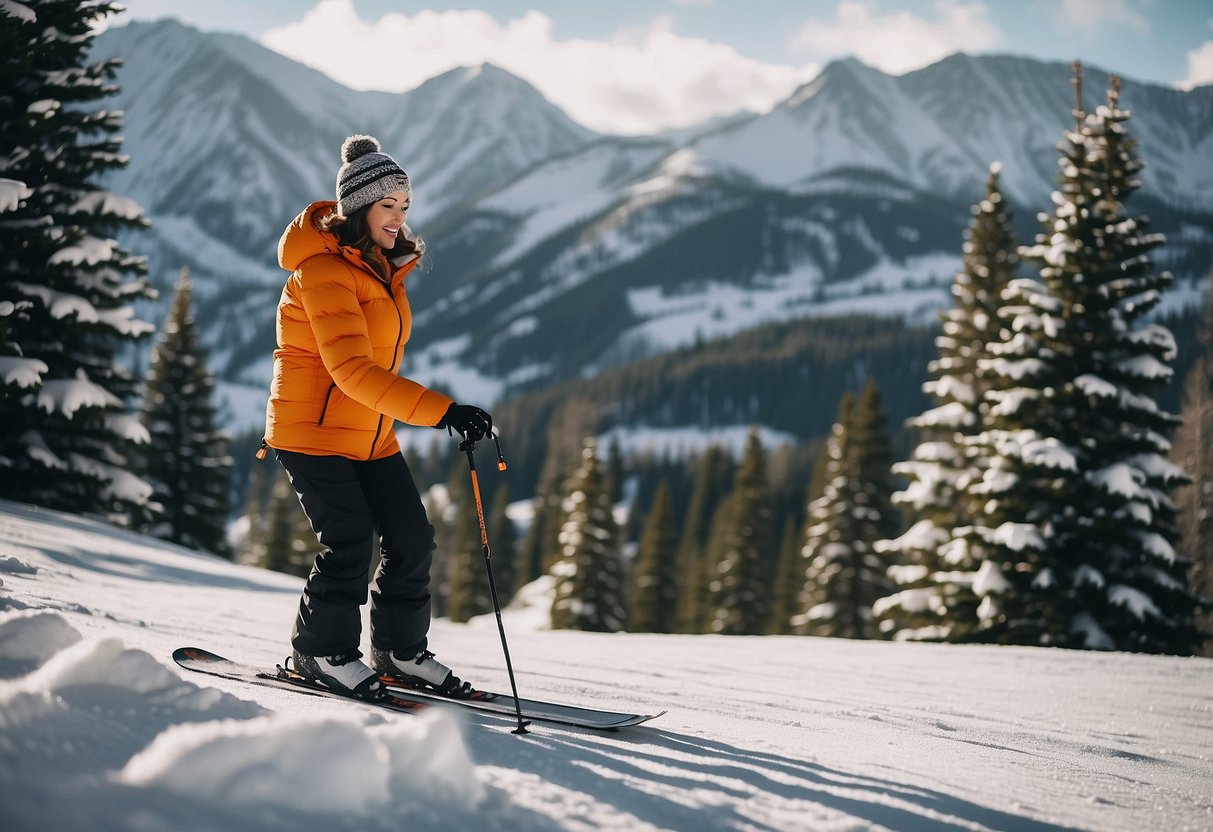 A pregnant woman skiing in her first trimester, surrounded by snowy mountains and pine trees