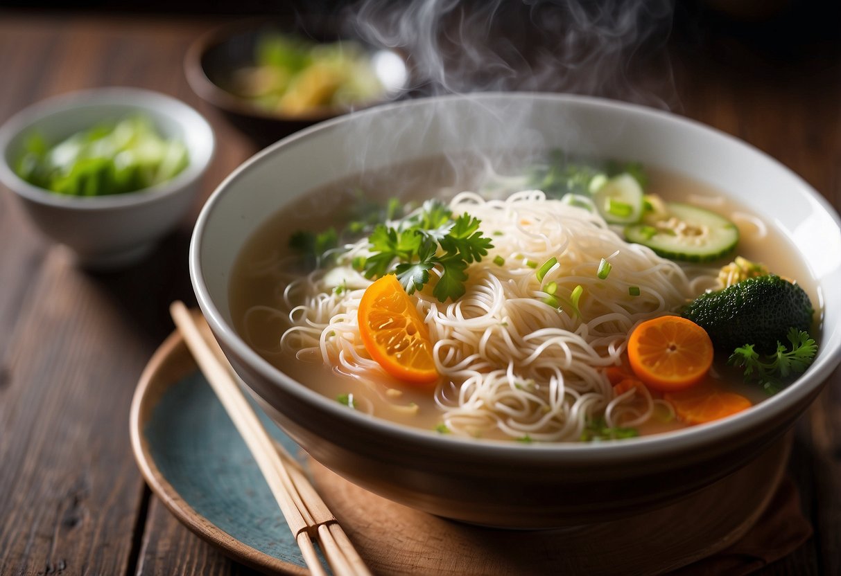 A bowl of bihun suppe, a clear noodle soup with vegetables, is placed on a wooden table, with steam rising from the hot broth