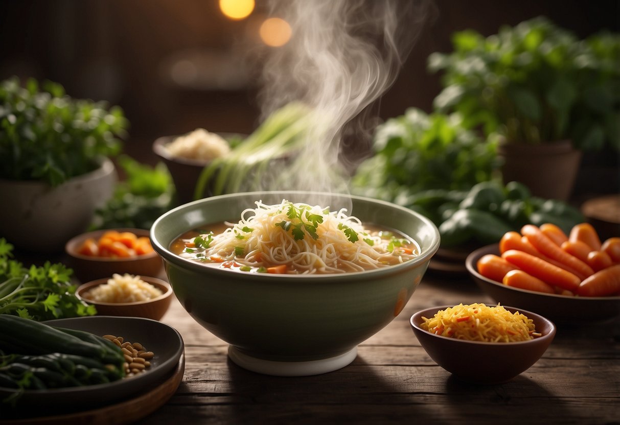 A steaming bowl of bihun soup sits on a wooden table, surrounded by fresh vegetables and herbs. The aroma of the soup fills the air, inviting the viewer to take a taste