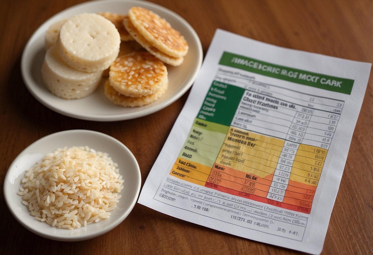 A table with various types of rice cakes, a nutrition label, and a chart showing the glycemic index values