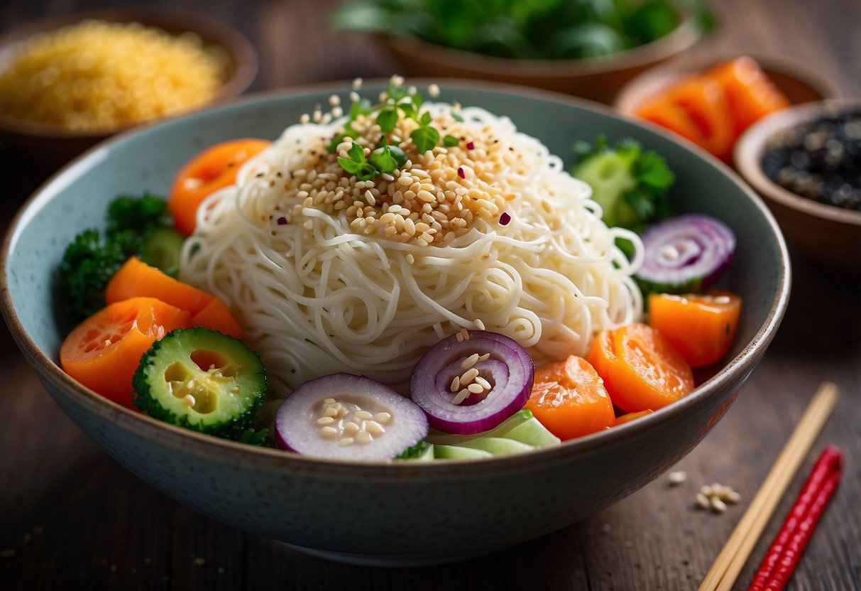 A steaming bowl of konjac noodles with colorful vegetables and a sprinkle of sesame seeds on a wooden table