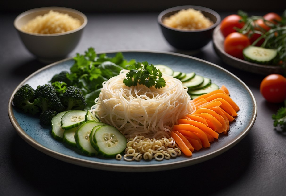 A colorful plate with konjac noodles, surrounded by fresh vegetables and a nutrition label highlighting its health benefits