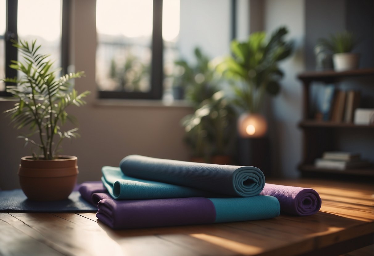 A serene studio with yoga mats and props, soft lighting, and calming music playing in the background