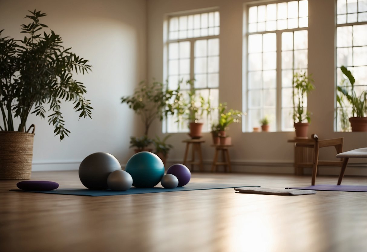 A serene studio with soft lighting and calming music, featuring yoga and Pilates equipment arranged neatly in a spacious, peaceful setting