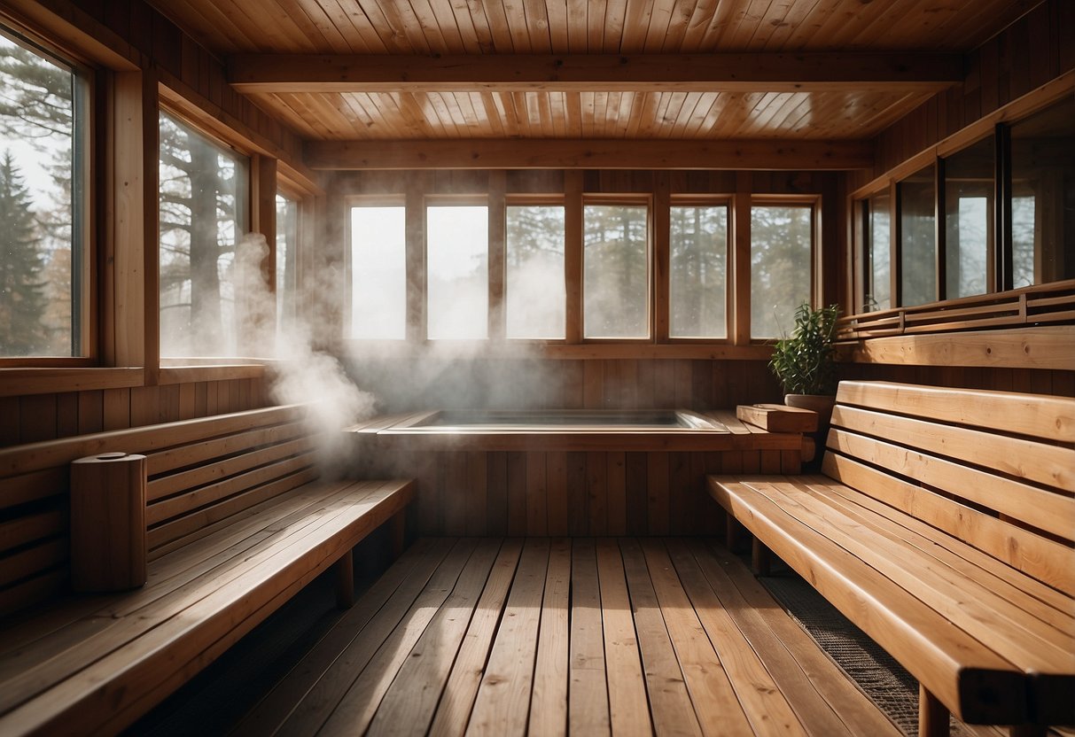 A steamy sauna before or after sports, with towels, water bucket, and wooden benches