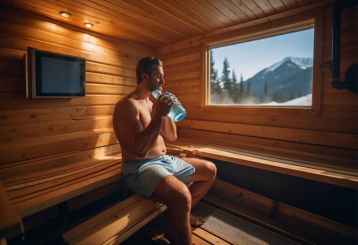 A person sits in a sauna, steam rising around them. Nearby, sports equipment and a water bottle suggest physical activity before or after sauna use