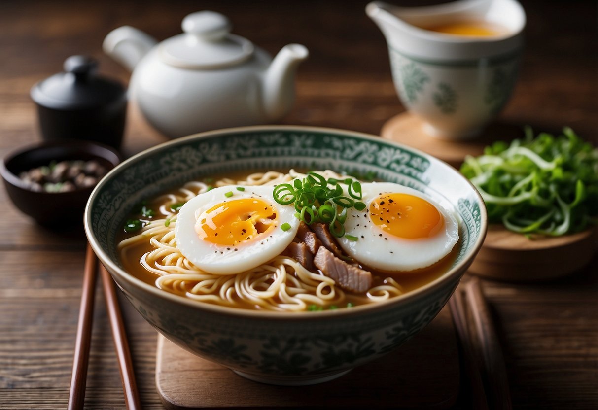 A steaming bowl of ramen sits on a wooden table, surrounded by chopsticks and a spoon. The rich broth glistens with oil, and the noodles are topped with slices of pork, green onions, and a soft-boiled egg