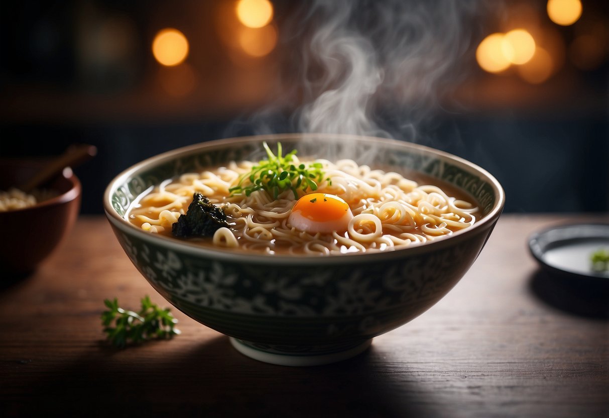 A steaming bowl of ramen with nutritional information displayed