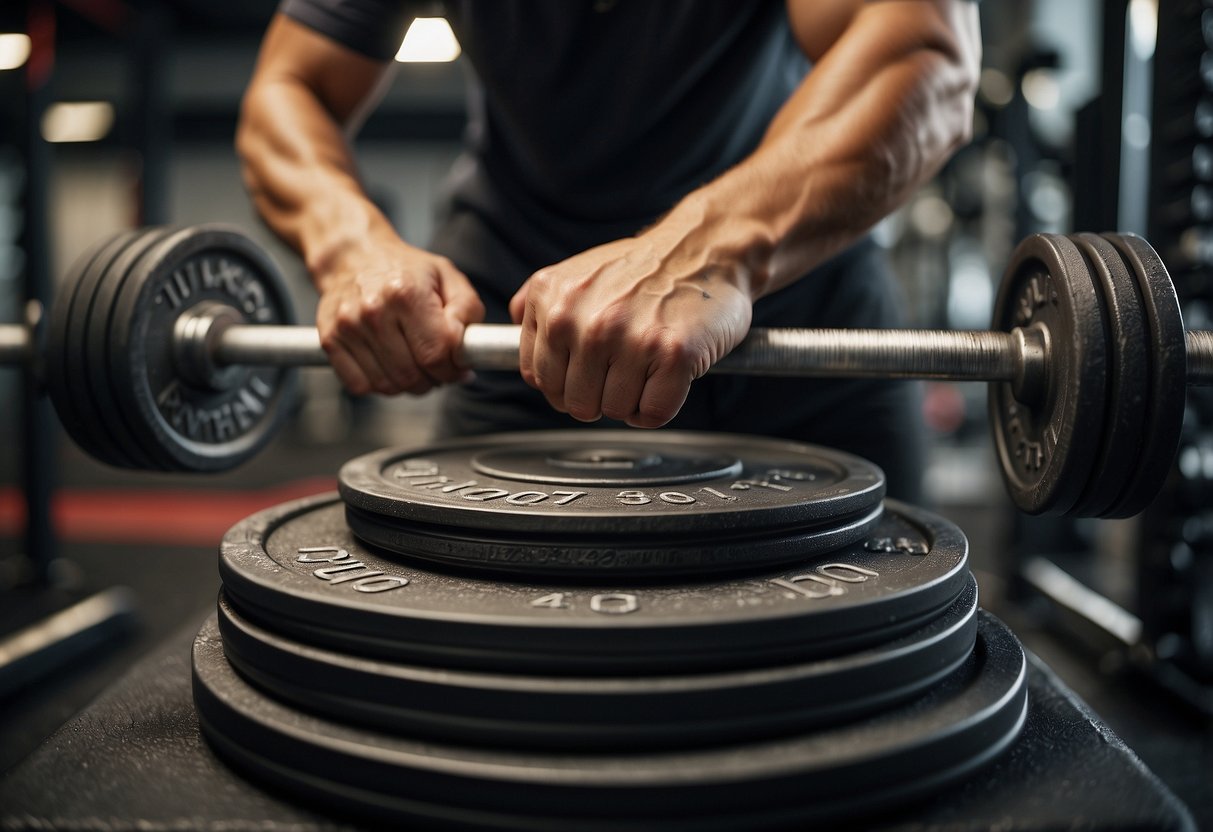 Several weight plates stacked on a barbell, with a person's hand reaching for a smaller weight plate