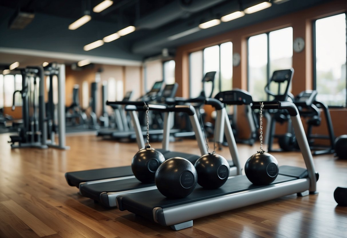 An illustration of practical warm-up sets being performed, with weights and exercise equipment arranged in a gym setting